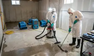 Basement flood cleanup team removing water from a Lansing, MI home basement